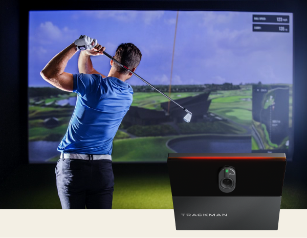 Image of a man hitting a golf ball into a simulator. Bottom right is a picture of the Trackman iO device.